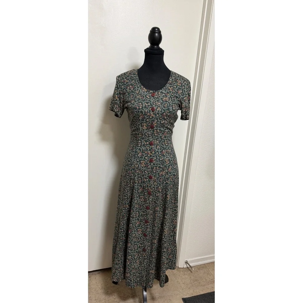 Vintage Rampage Floral Maxi Dress Green Rayon Button Front Tie Back Cottage 90s